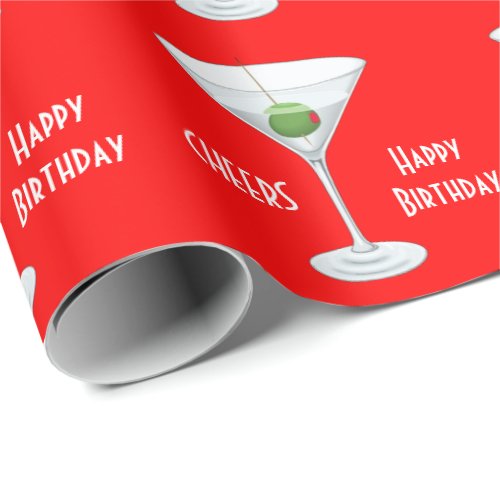 Birthday Cheers Martini Glass Olive Cocktails Red Wrapping Paper