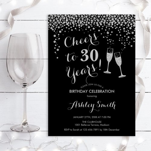 Birthday _ Cheers To 30 Years Silver Black Invitation