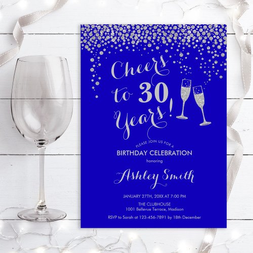 Birthday _ Cheers To 30 Years Silver Royal Blue Invitation