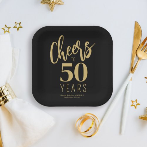 Birthday cheers to 50 years custom gold black paper plates