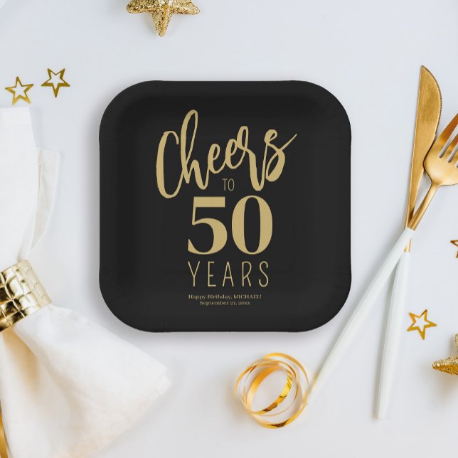 Birthday cheers to 50 years custom gold black paper plates (Creator Uploaded)