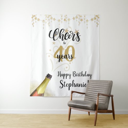 Birthday CHEERS TO # YEARS Black Gold Backdrop - Celebrate any age birthday with this fun and festive editable CHEERS TO # YEARS birthday party banner sign, photo op backdrop or wall hanging n black and gold with a celebratory drink from a wine, beer or champagne bottle, modern handwritten script typography and your custom text. The sample shows age 40 but can easily be changed to any age. Contact the designer via Zazzle Chat or makeitaboutyoustore@gmail.com if you'd like this design modified, on another product or would like coordinating items.