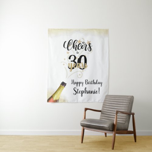 Birthday CHEERS TO # YEARS Black Gold Backdrop - Celebrate any age birthday with this fun and festive editable CHEERS TO # YEARS birthday party banner sign, photo op backdrop or wall hanging in black and gold with a celebratory drink from a wine, beer or champagne bottle, modern handwritten script typography and your custom text. The sample shows age 30 but can easily be changed to any age. Contact the designer via Zazzle Chat or makeitaboutyoustore@gmail.com if you'd like this design modified, on another product or would like coordinating items.