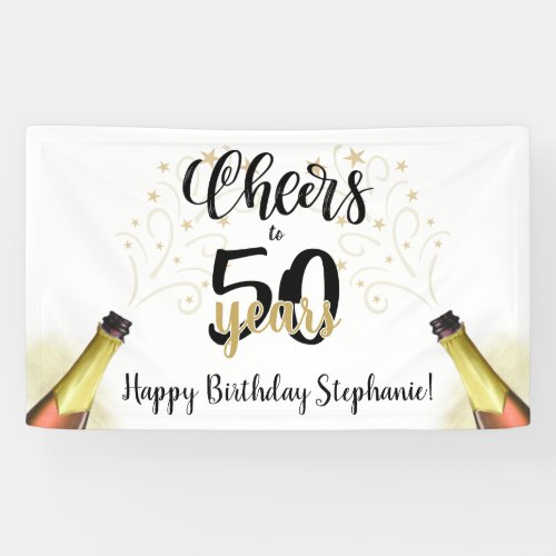 Birthday CHEERS TO # YEARS Black Gold Script Banner - Celebrate any age birthday with this fun and festive editable CHEERS TO # YEARS birthday party banner sign in black and gold with a celebratory drink from a wine, beer or champagne bottle, modern handwritten script typography and your custom text. The sample shows age 50 but can easily be changed to any age. Contact the designer via Zazzle Chat or makeitaboutyoustore@gmail.com if you'd like this design modified, on another product or would like coordinating items.