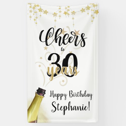 Birthday CHEERS TO # YEARS Black Gold Script Banner - Celebrate any age birthday with this fun and festive editable CHEERS TO # YEARS birthday party banner sign in black and gold with a celebratory drink from a wine, beer or champagne bottle, modern handwritten script typography and your custom text. The sample shows age 30 but can easily be changed to any age. Contact the designer via Zazzle Chat or makeitaboutyoustore@gmail.com if you'd like this design modified, on another product or would like coordinating items.