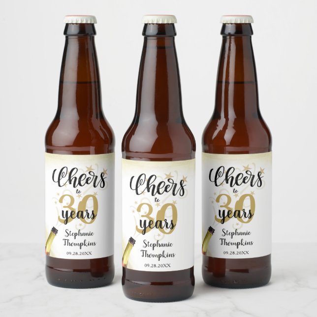 Birthday CHEERS TO # YEARS Black Gold Script Beer Bottle Label (Bottles)