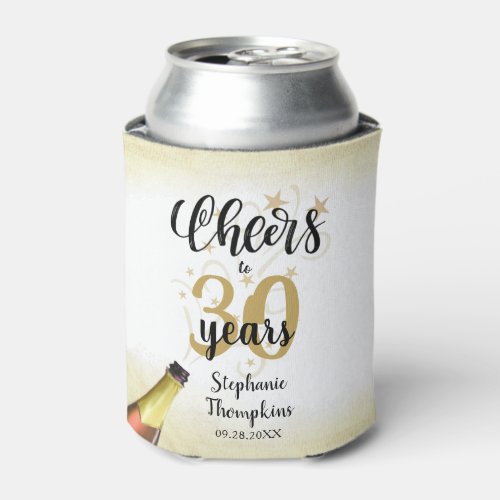 Birthday CHEERS TO # YEARS Black Gold Script Can Cooler - Celebrate any age birthday with this fun and festive editable age CHEERS TO # YEARS birthday can cooler in black and gold with a celebratory drink from a wine, beer or champagne bottle, modern handwritten script typography and your custom text. The sample shows age 30 but can be changed to any age. Ideal for adult birthdays for him or her. Contact the designer via Zazzle Chat or makeitaboutyoustore@gmail.com if you'd like this design modified, on another product or would like coordinating items.