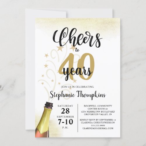 Birthday CHEERS TO # YEARS Black Gold Script Invitation - Celebrate any age birthday with this editable age CHEERS TO # YEARS birthday invitation in black and gold with a celebratory drink from a wine, beer or champagne bottle, modern handwritten script typography and your custom text. The sample shows 40 but can easily be changed to any age. Ideal for adult birthdays for him or her. Contact the designer via Zazzle Chat or makeitaboutyoustore@gmail.com if you'd like this design modified, on another product or would like coordinating items.