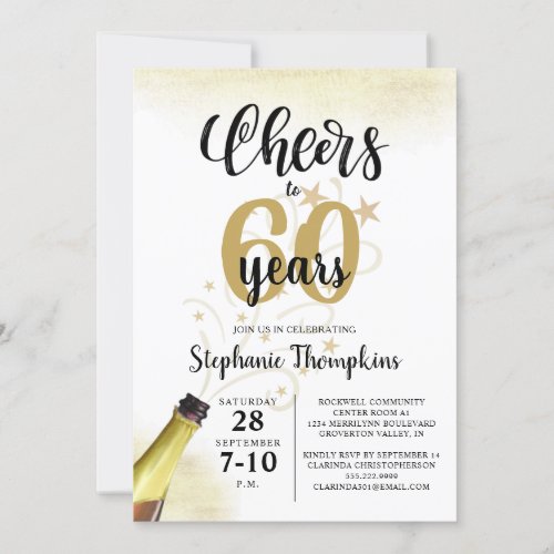 Birthday CHEERS TO # YEARS Black Gold Script Invitation - Celebrate any age birthday with this editable age CHEERS TO # YEARS birthday invitation in black and gold with a celebratory drink from a wine, beer or champagne bottle, modern handwritten script typography and your custom text. The sample shows 60 but can easily be changed to any age. Ideal for adult birthdays for him or her. Contact the designer via Zazzle Chat or makeitaboutyoustore@gmail.com if you'd like this design modified, on another product or would like coordinating items.