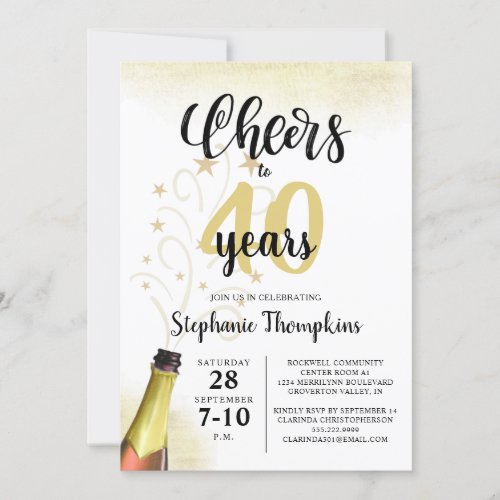 Birthday CHEERS TO # YEARS Black Gold Script Invitation - Celebrate any age birthday with this editable age CHEERS TO # YEARS birthday invitation in black and gold with a celebratory drink from a wine, beer or champagne bottle, modern handwritten script typography and your custom text. Ideal for adult birthdays for him or her. Contact the designer via Zazzle Chat or makeitaboutyoustore@gmail.com if you'd like this design modified, on another product or would like coordinating items.