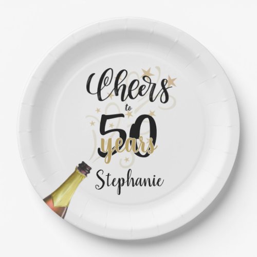 Birthday CHEERS TO # YEARS Black Gold Script Paper Plates - Celebrate any age birthday with these fun and festive editable age CHEERS TO # YEARS birthday party paper plates in black and gold with a celebratory drink from a wine, beer or champagne bottle, modern handwritten script typography and personalized with a name. The sample shows age 50 but can be changed to any age. Ideal for adult birthdays for him or her. Contact the designer via Zazzle Chat or makeitaboutyoustore@gmail.com if you'd like this design modified, on another product or would like coordinating items.