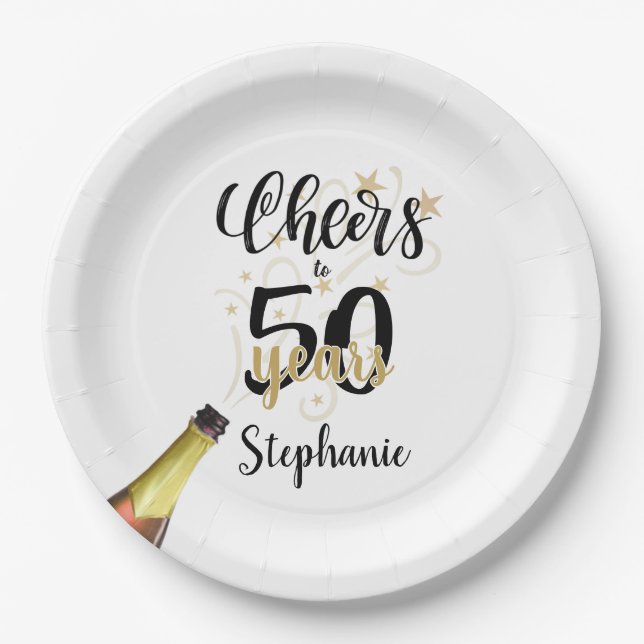 Birthday CHEERS TO # YEARS Black Gold Script Paper Plates (Front)