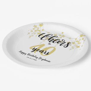 Birthday CHEERS TO # YEARS Black Gold Stars Script Paper Plates