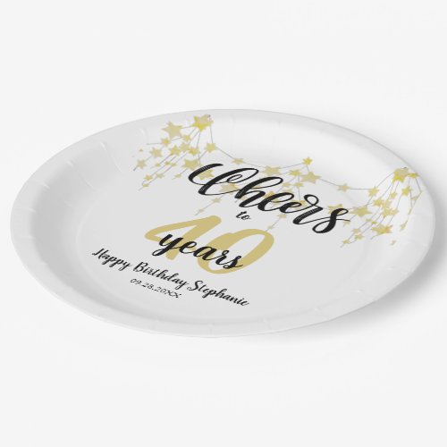 Birthday CHEERS TO  YEARS Black Gold Stars Script Paper Plates