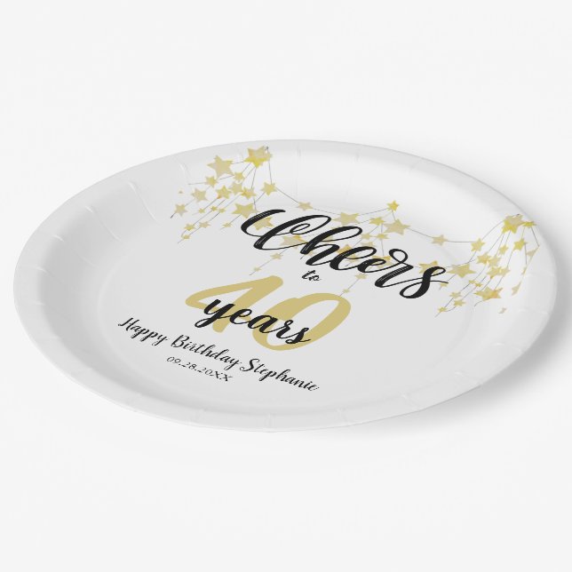 Birthday CHEERS TO # YEARS Black Gold Stars Script Paper Plates (Angled)