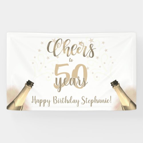 Birthday CHEERS TO # YEARS Champagne Gold Script Banner - Celebrate any age birthday with this chic fun and festive editable CHEERS TO # YEARS birthday party banner sign in champagne gold featuring a wine, beer or champagne bottle, modern calligraphy script typography and your custom text. The sample shows age 50 but can easily be changed to any age. ASSISTANCE:  For help with design modification or personalization, color change, resizing, transferring the design to another product or if you would like coordinating items, contact the designer BEFORE ORDERING via the Zazzle Chat MESSAGE tab below or email makeitaboutyoustore@gmail.com.