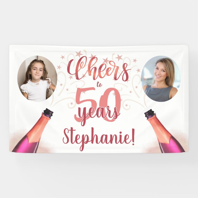 Birthday CHEERS TO # YEARS Rose Gold 2 Photo Banner (Horizontal)