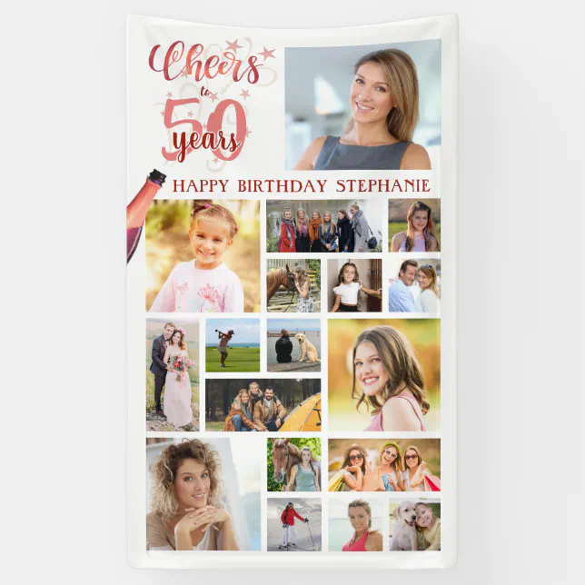 Birthday CHEERS TO # YEARS Rose Gold Photo Collage Banner | Zazzle