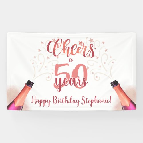 Birthday CHEERS TO # YEARS Rose Gold Script Banner - Celebrate any age birthday with this chic fun and festive editable CHEERS TO # YEARS birthday party banner sign in rose gold with a celebratory drink from a wine, beer or champagne bottle, modern handwritten script typography and your custom text. The sample shows age 50 but can easily be changed to any age. Contact the designer via Zazzle Chat or makeitaboutyoustore@gmail.com if you'd like this design modified, on another product or would like coordinating items.