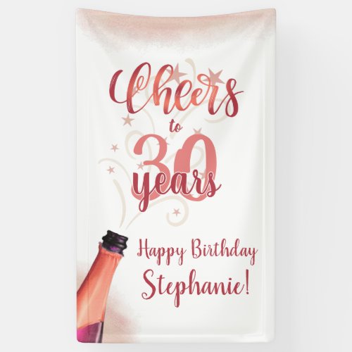 Birthday CHEERS TO # YEARS Rose Gold Script Banner - Celebrate any age birthday with this fun and festive editable CHEERS TO # YEARS birthday party banner sign in rose gold with a celebratory drink from a wine, beer or champagne bottle, modern handwritten script typography and your custom text. The sample shows age 30 but can easily be changed to any age. Contact the designer via Zazzle Chat or makeitaboutyoustore@gmail.com if you'd like this design modified, on another product or would like coordinating items.