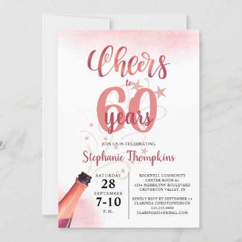 Birthday CHEERS TO # YEARS Rose Gold Script Invitation - Celebrate any age birthday with this editable age CHEERS TO # YEARS birthday invitation in rose gold with a celebratory drink from a wine, beer or champagne bottle, modern handwritten script typography and your custom text. The sample shows 60 but can easily be changed to any age. Ideal for adult birthdays for her. Contact the designer via Zazzle Chat or makeitaboutyoustore@gmail.com if you'd like this design modified, on another product or would like coordinating items.