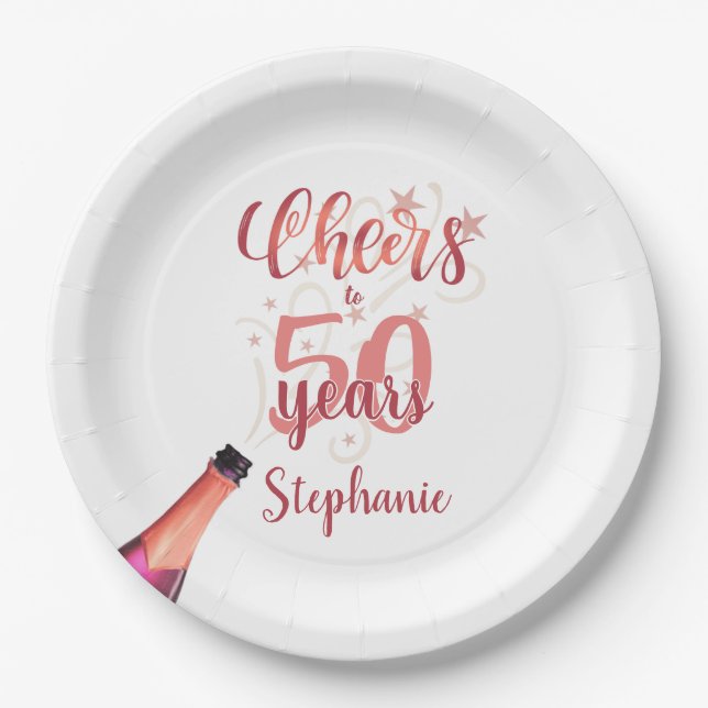 Birthday CHEERS TO # YEARS Rose Gold Script Paper Plates (Front)