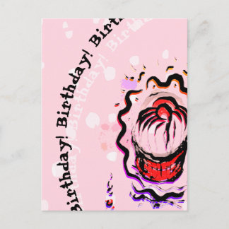 Birthday Cherry Cupcake Doodle Food Fight on pink Postcard