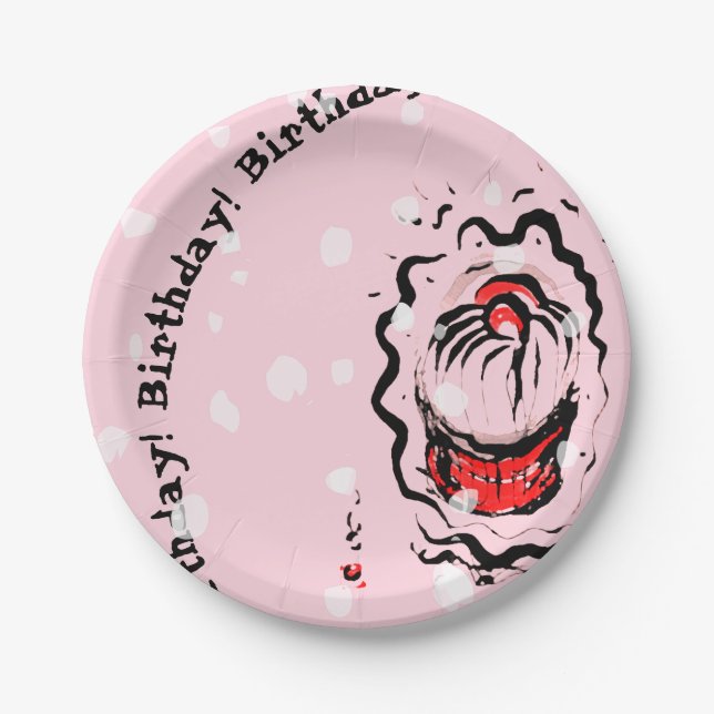 Birthday Cherry Cupcake Doodle on pink Paper Plates (Front)
