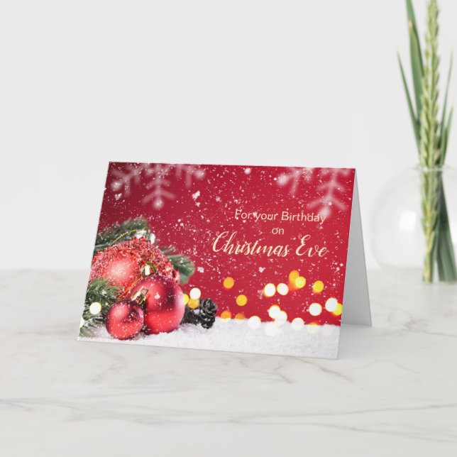 Birthday, Christmas Eve - red baubles, spruce Holiday Card (Front)