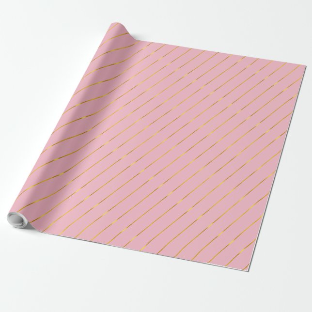 Birthday Christmas Gold Stripes Glam Pink Gift Wrapping Paper (Unrolled)
