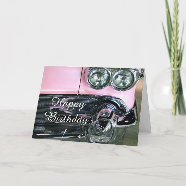 Birthday Classic Pink Car greeting card (Front)