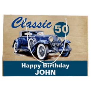 Birthday, Classic Vintage Blue Car Large Gift Bag
