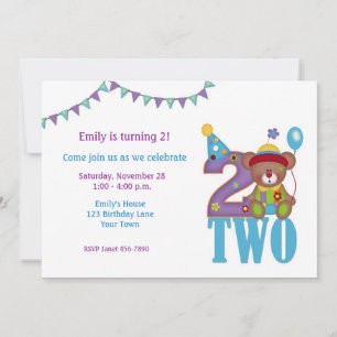 Birthday Clown Bear, Two, Birthday Invitation