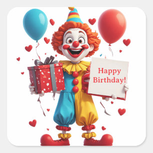 Birthday Clown With Gift And Blank Sign 🎁 Square Sticker