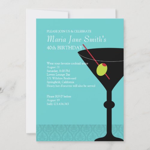 Birthday Cocktail Turquoise Martini and Merriment Invitation