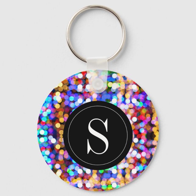 Birthday Colorful Bokeh Lights Monogram Initial Keychain (Front)