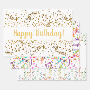 Birthday Colorful Confetti Streamers Gold Custom Wrapping Paper Sheets