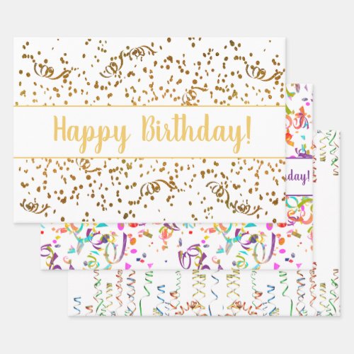 Birthday Colorful Confetti Streamers Gold Custom Wrapping Paper Sheets