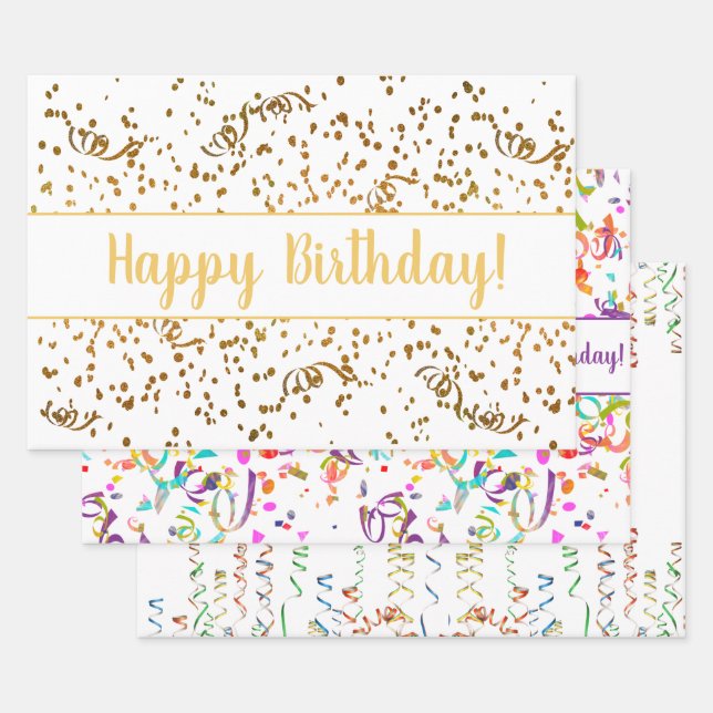 Birthday Colorful Confetti Streamers Gold Custom Wrapping Paper Sheets (Set)