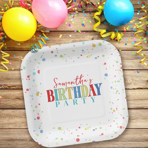 Birthday Colorful Confetti Whimsical Calligraphy Paper Plates