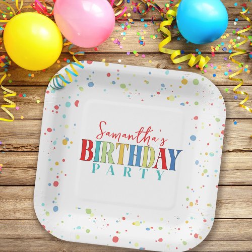 Birthday Colorful Confetti Whimsical Calligraphy Paper Plates
