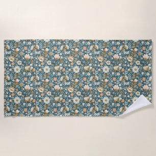 Birthday Colorful Floral In Blue, Brown, and Beige Beach Towel