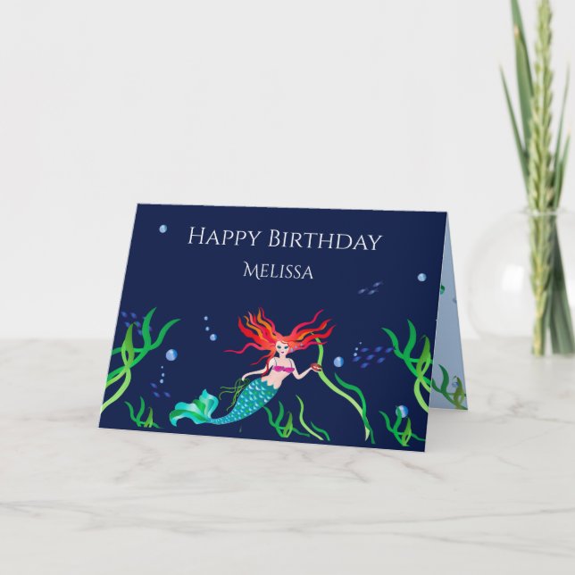 Birthday  Colorful Mermaid in the Sea Name Insert Card (Front)