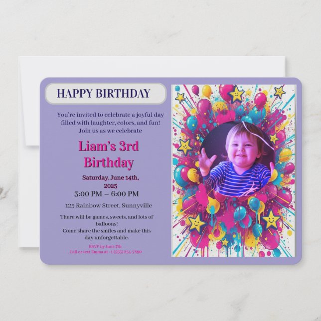  Birthday Colorful Photo Balloon Party Invitation (Front)