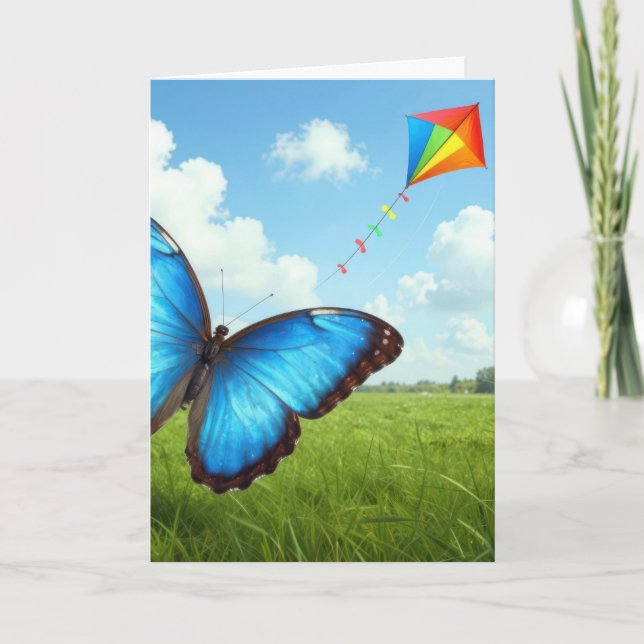 Birthday Common Morpho Butterfly Flying a Kite Card (Front)