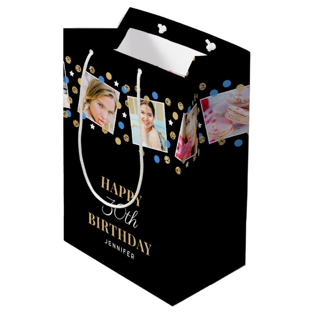Birthday Confetti Custom Name Photo Collage Blue Medium Gift Bag (Back Angled)