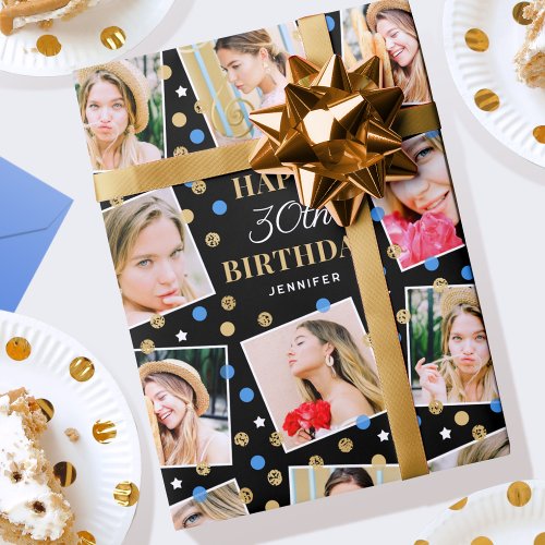 Birthday Confetti Custom Name Photo Collage Blue Wrapping Paper