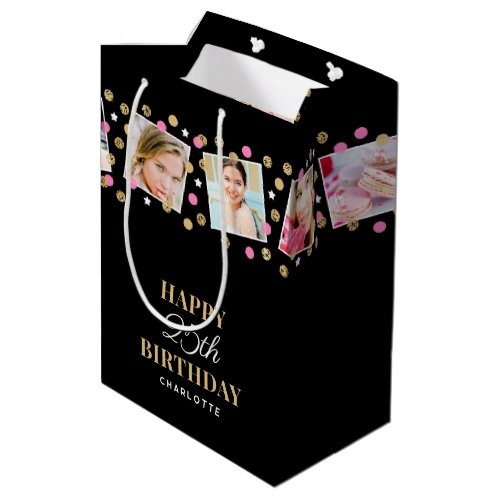 Birthday Confetti Custom Name Photo Collage Pink Medium Gift Bag