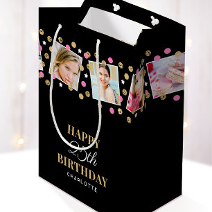 Birthday Confetti Custom Name Photo Collage Pink Medium Gift Bag