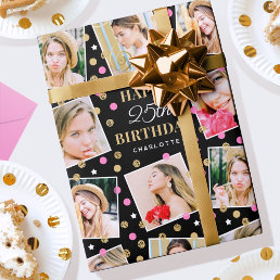 Birthday Confetti Custom Name Photo Collage Pink Wrapping Paper